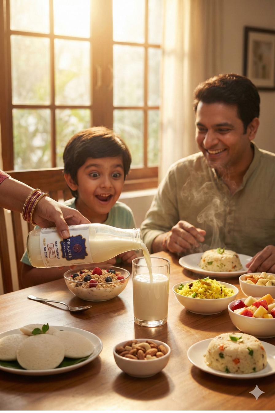 Family enjoying Praana Gir cow milk at breakfast